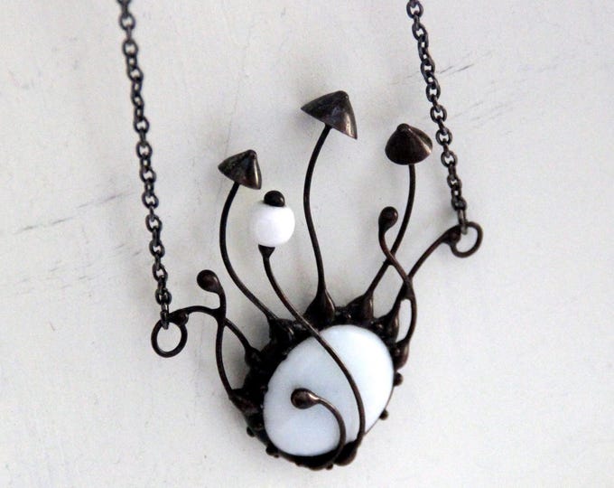 Boho witch forest necklace magic mushrooms pendant with white glass, botanical floral fungi nature  jewelry, unusal forest gift.