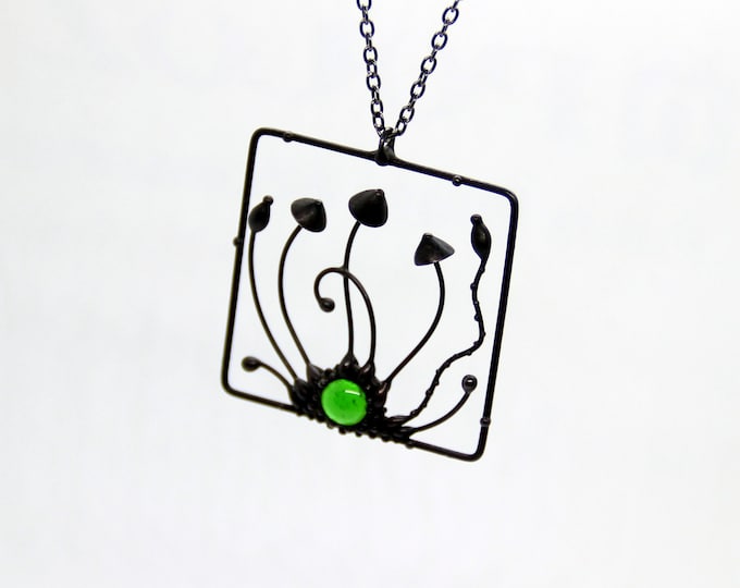 Botanical Mushroom Pendant: Green Glass Copper Necklace, Handmade