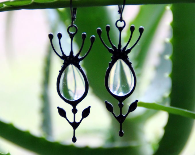 Earrings clear glass, boho flower earrings, botanical earrings, flower earrings, hippie earrings, unique earrings, Gift for Her