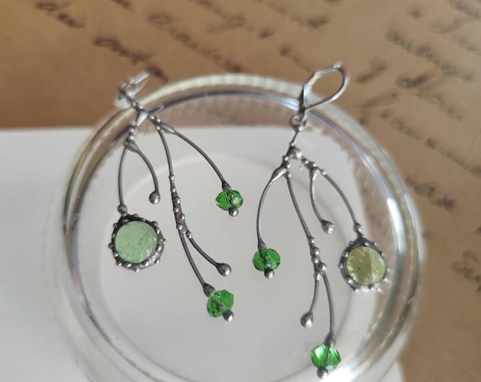 Green Glass Branch Earrings, Silver Tone Copper and Pewter Asymmetrical Dangles, Botanical Wearable Art