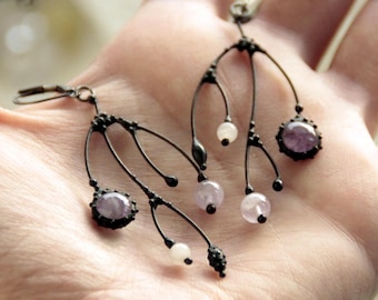 Asymmetrical Amethyst Earrings: Handmade Botanical Branch Jewelry