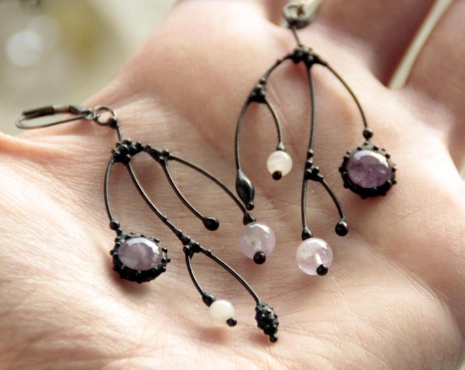 Asymmetrical Amethyst Earrings: Handmade Botanical Branch Jewelry