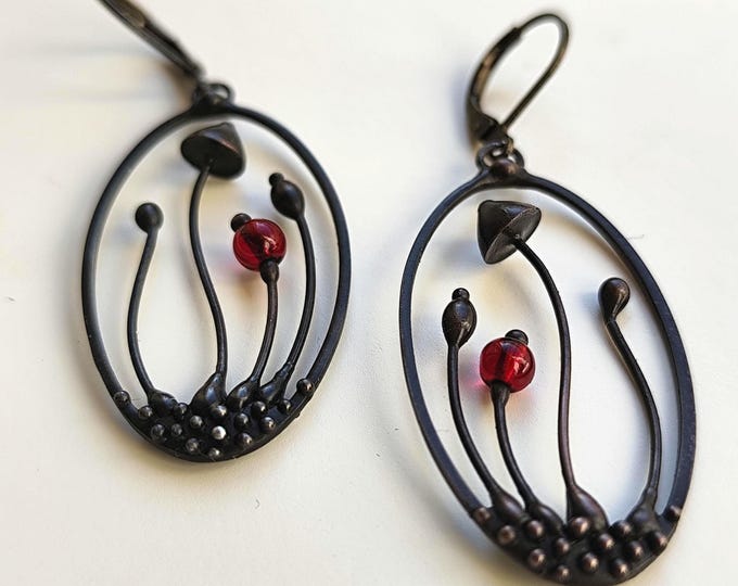 Red Glass Mushroom Earrings, Blackened Copper Oval Forest Dangles, Botanical Wearable Art
