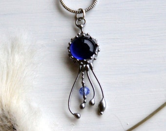 Psychedelic creatures jellyfish stained glass necklace with blue glass, nature lover gift inspired by ocean, boho hippie octopus pendant.