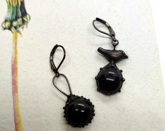 Asymmetrical metal earrings black berdie inspired by wild forest nature, witch girl, aesthetic woodland jewelry, forest gift.