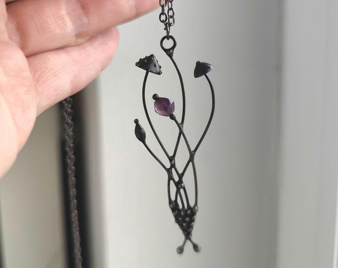 Amethyst Mushroom Necklace, Blackened Copper Forest Pendant, Botanical Wearable Art