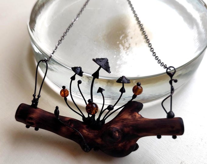 Handmade Wood Mushroom Necklace, Psychedelic Forest Botanical Jewelry