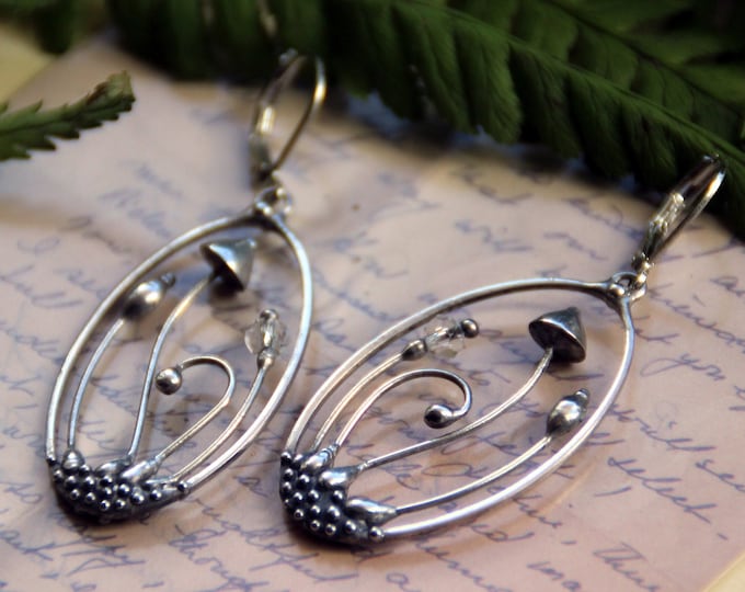 Forest mushroom silver metal oval earrings with clear glass, fungi hippie fairy witch earrings, bohohippie jewelry, witchcraft forest style