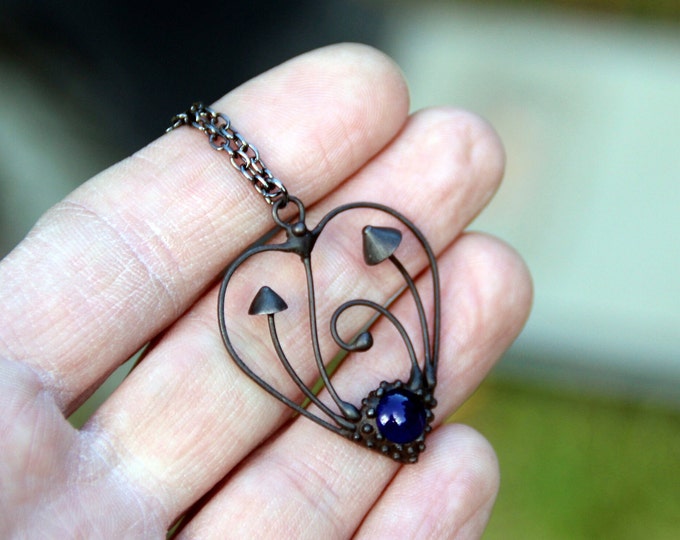 Boho hippie heart necklace magic mushrooms psylocibin pendant with blue glass, botanical floral fungi nature jewelry, unusual forest gift.