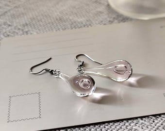 Handblown Clear and Pink Glass Teardrop Earrings, Minimalist Dangle Jewelry