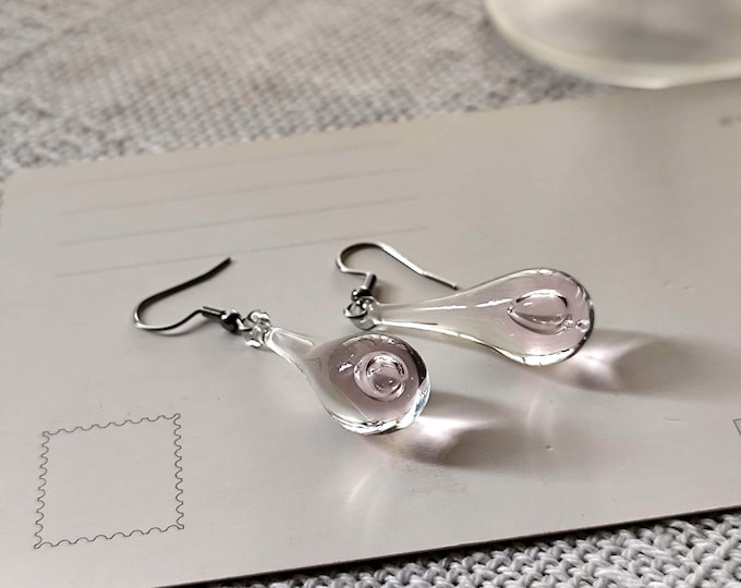Handblown Clear and Pink Glass Teardrop Earrings, Minimalist Dangle Jewelry