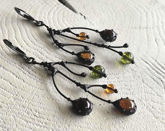 Asymmetrical Forest Branch Earrings with Yellow Glass, Copper Pewter Alloy Jewelry