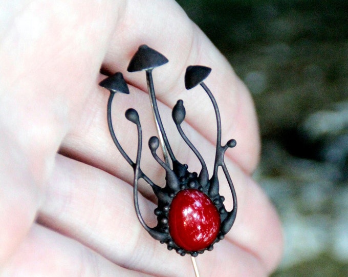 Magic mushrooms witch fairy black metal brooch with red glass, psylocybe fungi forest jewelry, unusual boho hippie design woodland gift.