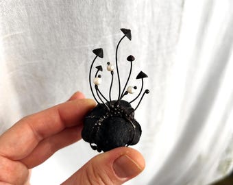 Baltic Sea Stone Mushroom Statue with Pearl Accents - Handcrafted Yadovito Forest Magic Decor