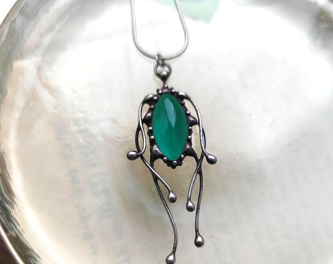 Green Stained Glass Jellyfish Pendant Necklace, Blackened Copper and Pewter Ocean Wearable Art
