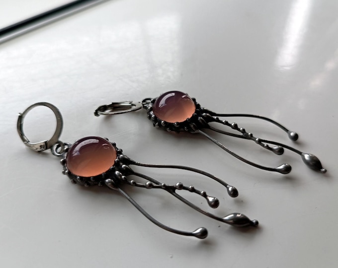Handmade Suncatcher Jellyfish Earrings, Rose Agate, Stained Glass Ocean Octopus