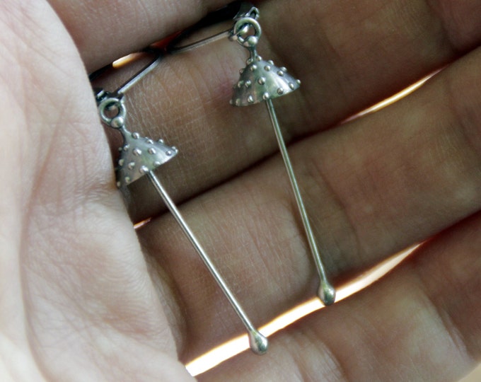 Amanita muscaria silver metal mushrooms earrings, psychedelic forest rave hippie jewelry, aesthetic boho design jewellery inspired by nature