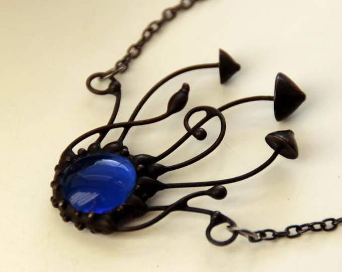 Mystical Mushroom Necklace: Handmade Copper, Pewter & Blue Glass Forest Pendant