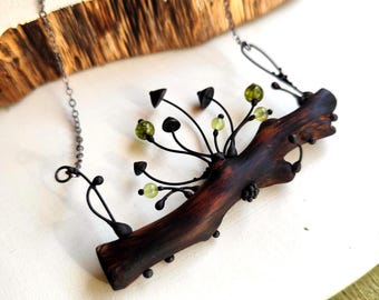 Handmade Wood Mushroom Necklace, Psychedelic Forest Botanical Jewelry