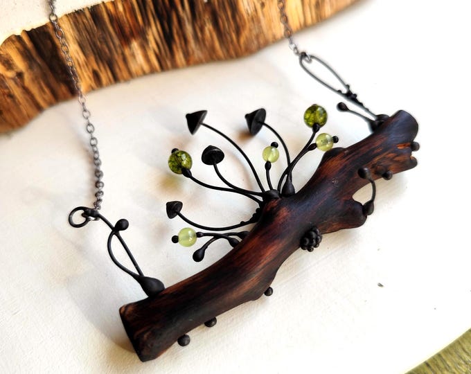 Handmade Wood Mushroom Necklace, Psychedelic Forest Botanical Jewelry