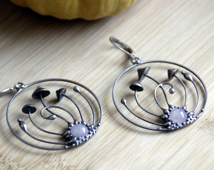 Magic mushrooms earrings hoops with pink quartz boho botanical style, stained glass mushrooms hoops earrings inspired by forest unique gift.