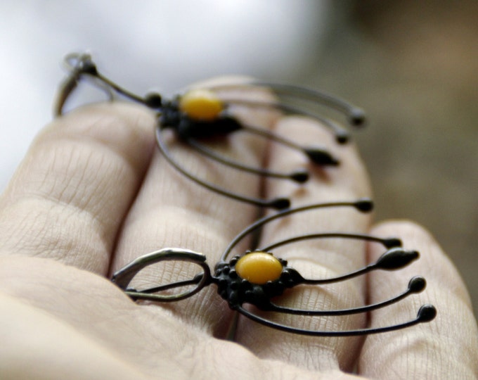 Boho hippie metal flower earrings with yellow glass handmade faerie jewelry, woodland floral unusual fairy witchy vibes gift.