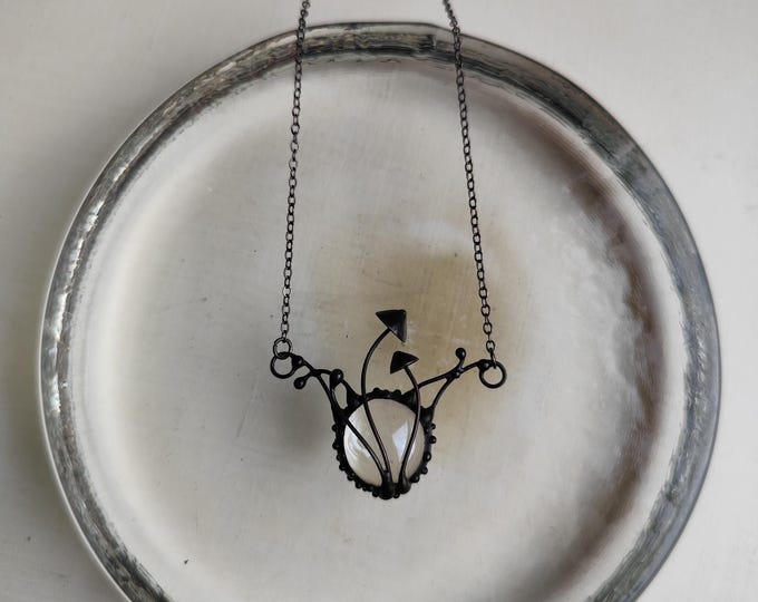 Clear Glass Mushroom Necklace, Blackened Copper and Pewter Botanical Pendant, Sculptural Forest Wearable Art