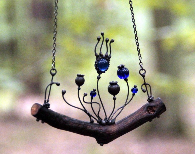 Mystical blue poppy flowers wood and metal necklace pendant with blue glass inspired by nature  oak forest necklace, unusual nature gift.