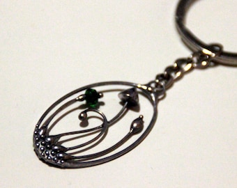 Green Glass Mushroom Keychain, Silver Tone Copper and Pewter Forest Charm, Botanical Bag Charm