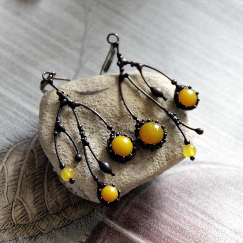 Unusual boho hippie asymmetric forest tree branch earrings with yellow stained glass. Size about 6/3 cm (2.36*1.18 in). Color: black/yellow.