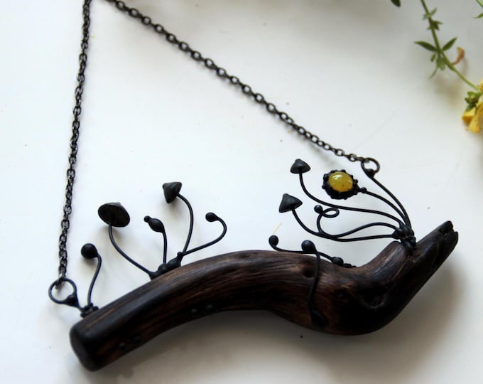 Mystical forest necklace magic mushrooms amanita, handmade stained glass woodland oak and steel pendant, unusual ethnic fly agaric necklace.
