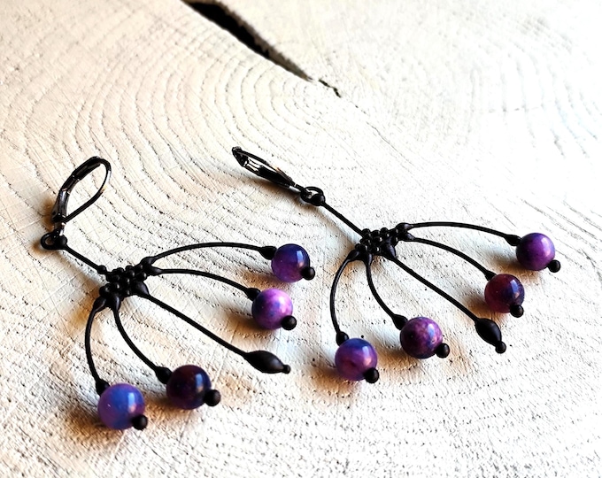 Handcrafted Berry Branch Earrings: Copper, Pewter, Steel & Sugilite
