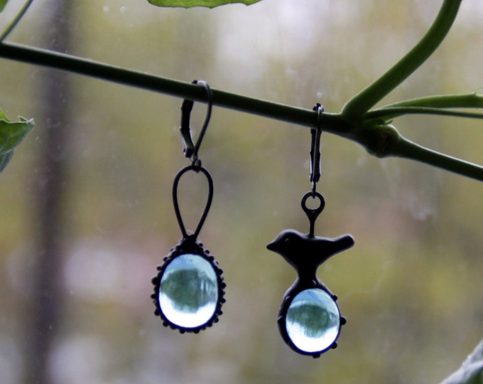 Asymmetrical stained glass earrings black metal bird inspired by wild forest nature, art nouveau boho earrings, aesthetic forest jewellery.