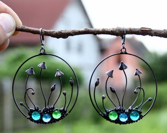 Stained glass mushrooms hoop earrings, mushroom jewelry, magic mushrooms earrings, boho fungi earrings, psytrance psychedelic clothes.