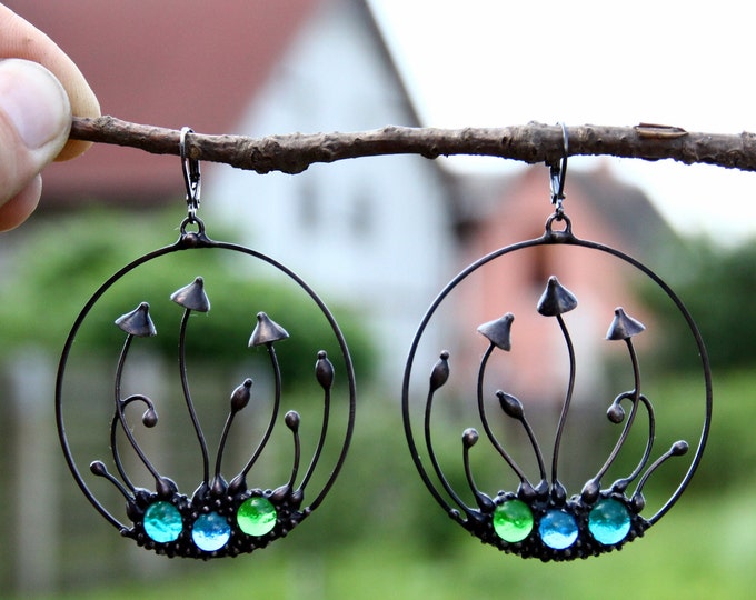 Stained glass mushrooms hoop earrings, mushroom jewelry, magic mushrooms earrings, boho fungi earrings, psytrance psychedelic clothes.