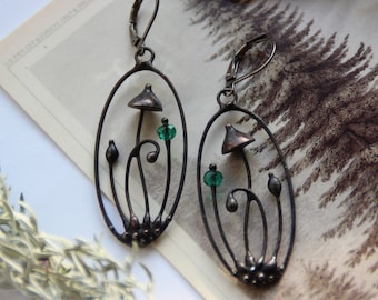 Handmade Mushroom Earrings: Pewter, Copper & Glass - Boho Hippie Jewelry