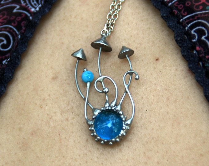 Mushroom Necklace: Handmade Copper, Pewter & Blue Glass - Cottagecore Jewelry