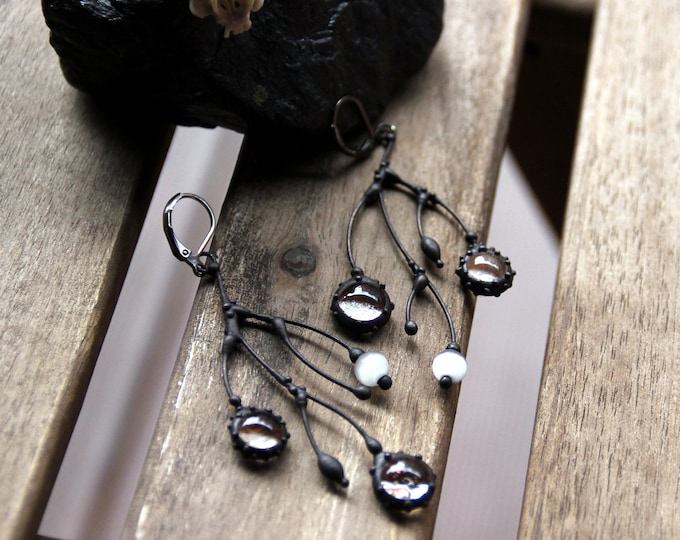 Tree branch earrings, asymmetrical jewelry, asymmetrical metal branch earrings with clear glass, witch earrings, asymmetrical boho, forest