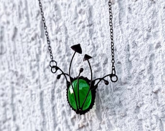Mushroom Pendant Necklace: Green Glass Floral Fungi, Boho Witch Style