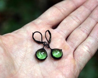 Art nouveau sun catcher earrings with green glass, green stained glass earrings, unique boho style earrings.