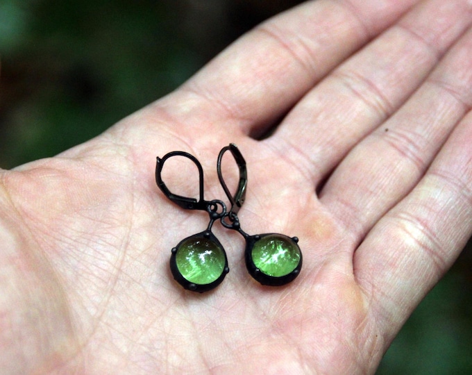 Art nouveau sun catcher earrings with green glass, green stained glass earrings, unique boho style earrings.