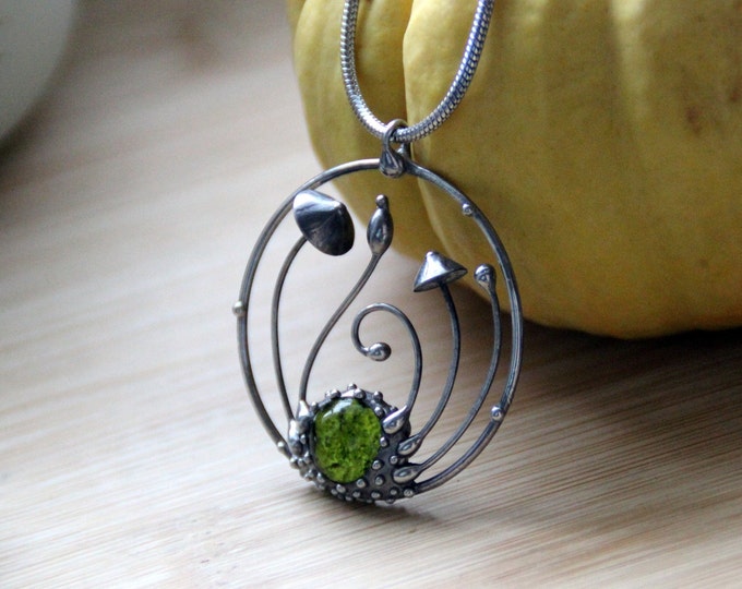 Stained Glass Mushroom Pendant Necklace: Copper, Green Botanical Forest