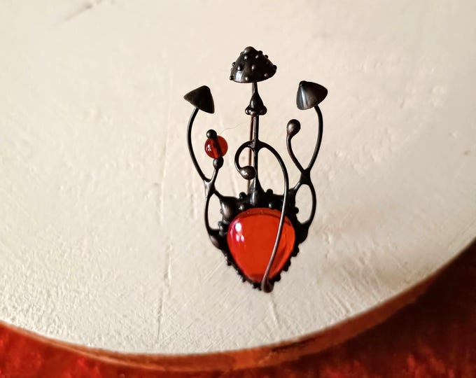 Red Glass Amanita Mushroom Brooch, Blackened Copper and Pewter Forest Wearable Art