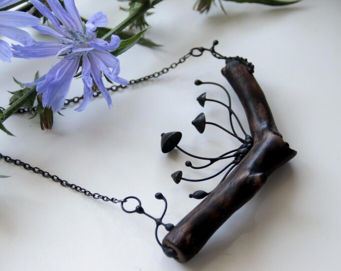 Forest magic mushrooms wood necklace inspired by woodland handcrafted from oak and metal fungi pendant, witch gift, unusual forest gift.
