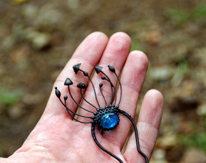 Handmade metal magic mushrooms boho amanita muscaria blue stained glass hairpin, witch fairy cottagecore vibes, aesthetic forest nature gift