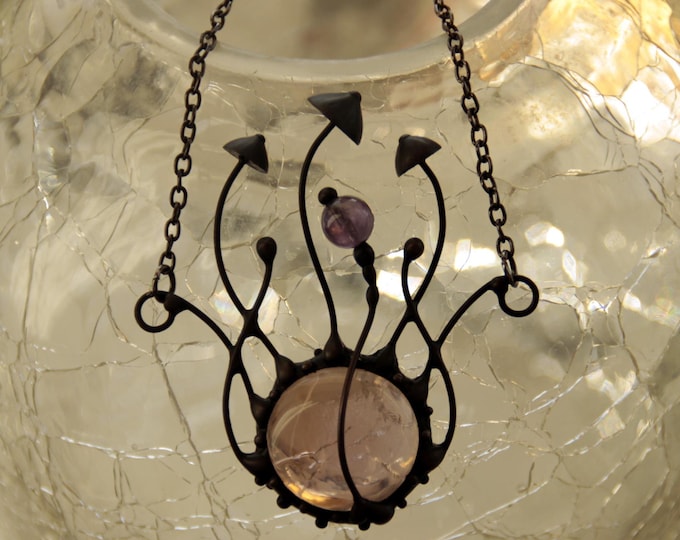 Magic woodland mushrooms handmade necklace pendant with amethyst stone, stained glass botanical fungi pendant, unique witchcraft jewelry.