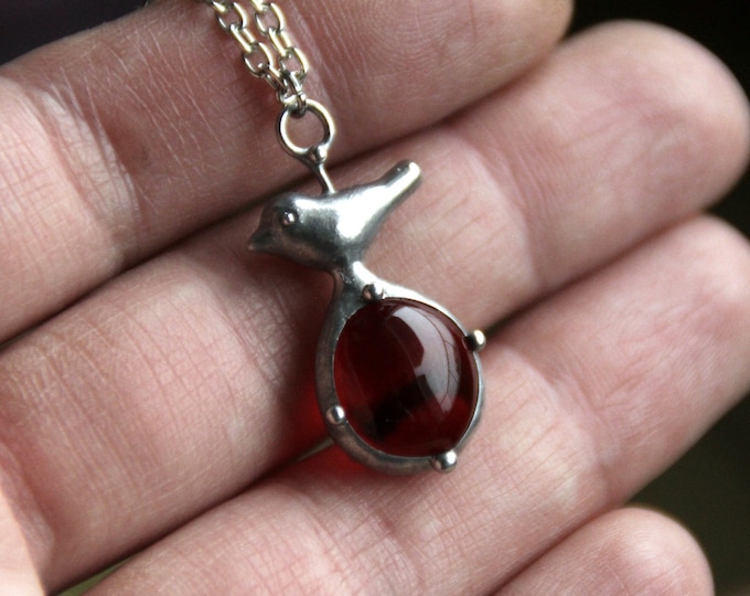 Stained glass metal bird pendant with red glass, wild forest inspired handmade art nouveau bird necklace, unusual gift for her.