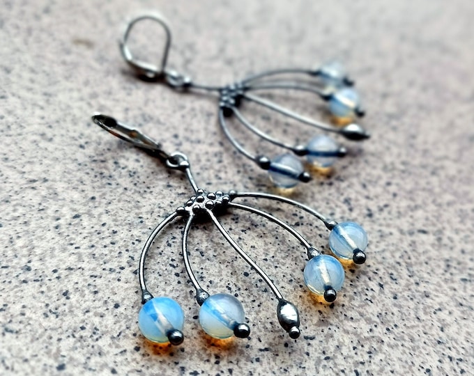 Unusual boho hippie style stained glass forest tree branch silver metal earrings, aesthetic earrings naturecore botanical jewellery.