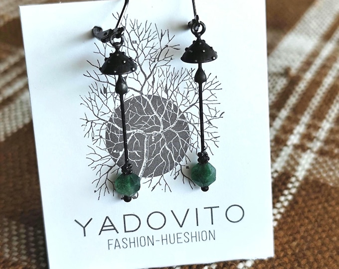 Black Fluorite Amanita Mushroom Earrings, Handcrafted Copper and Pewter Nature Jewelry