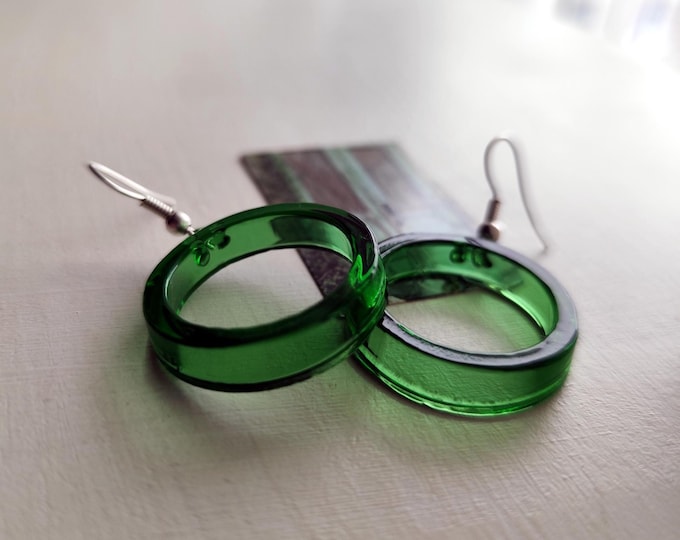 Handblown green glass hoop dangle minimalist earrings, simple unique design modern hippie jewelry.